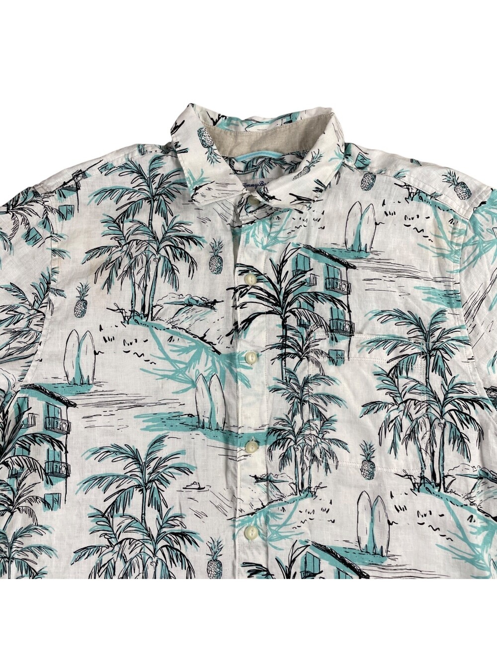 Tommy Bahama Linen Cruise Shirt Short Sleeve Men's Large Tropical Palm Tree Surf